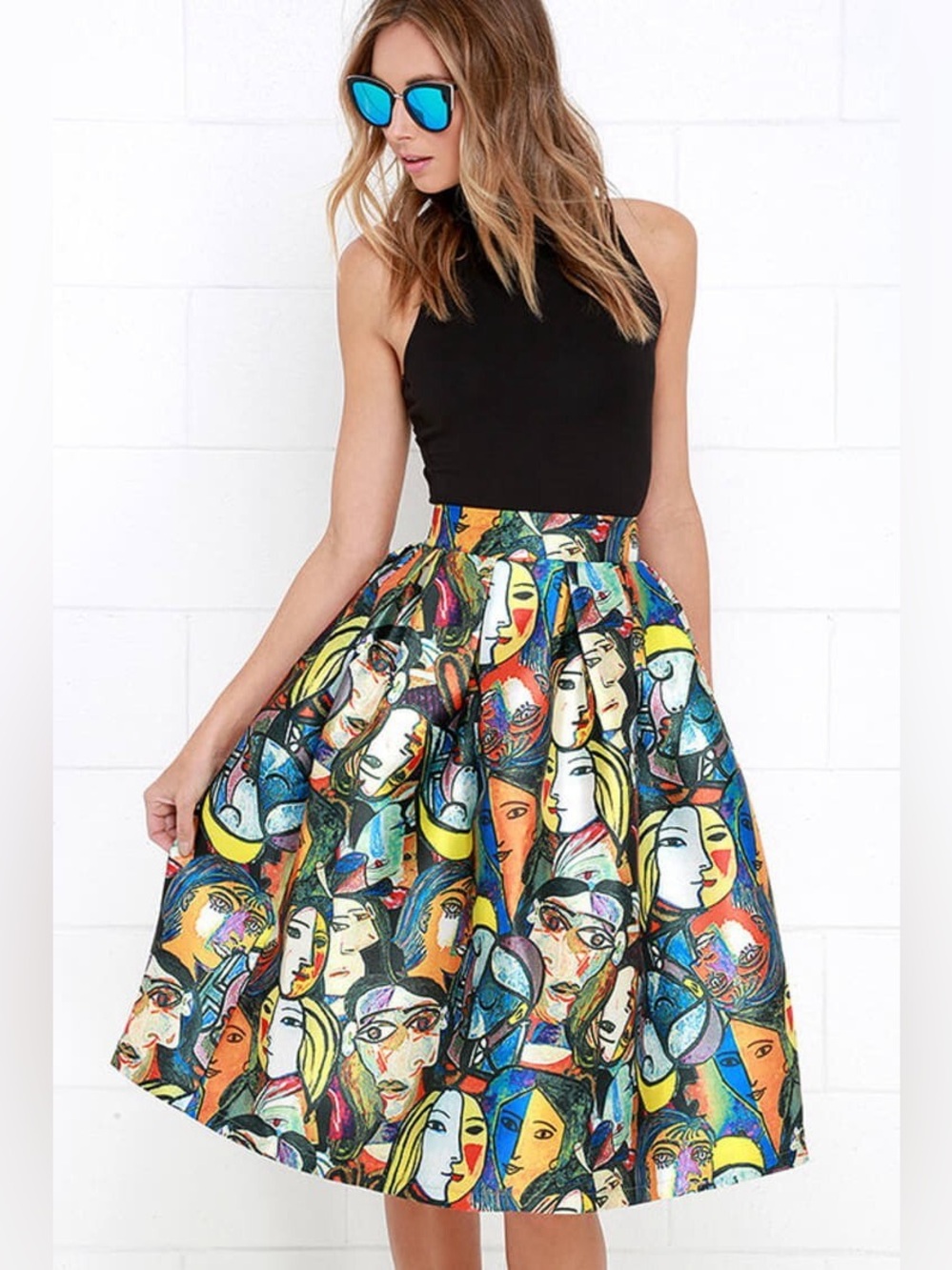 Banjul Picasso-Style Colorful Face Art Flare Midi Skirt